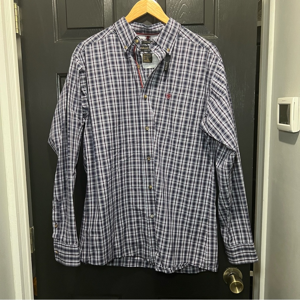 Ariat Pro Series Long Sleeve Button Down Large Plaid Blue White Burgundy NWOT